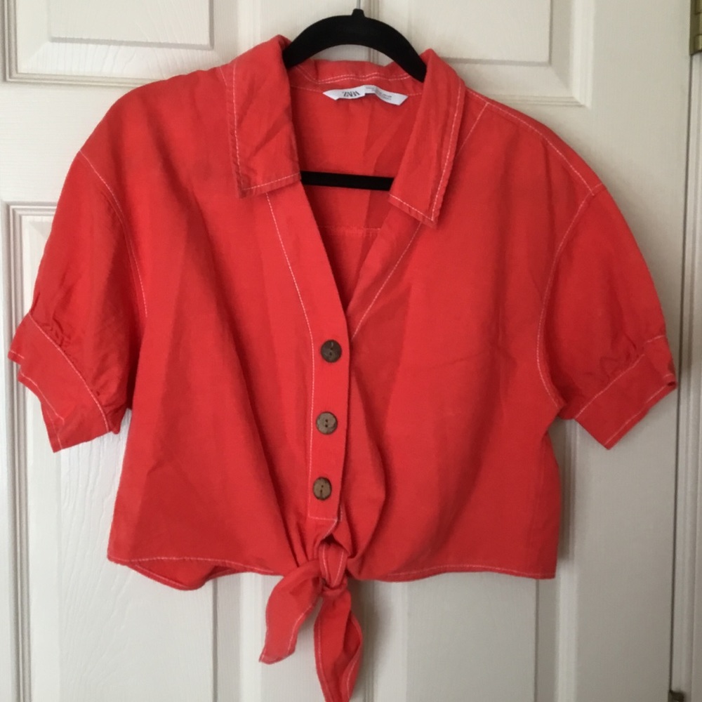 Zara Coral Tie-Front Crop Top